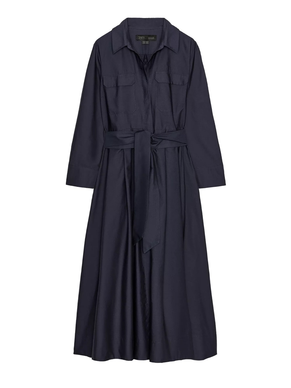 Zara Navy Maxi Shirt Dress with Waist Tie